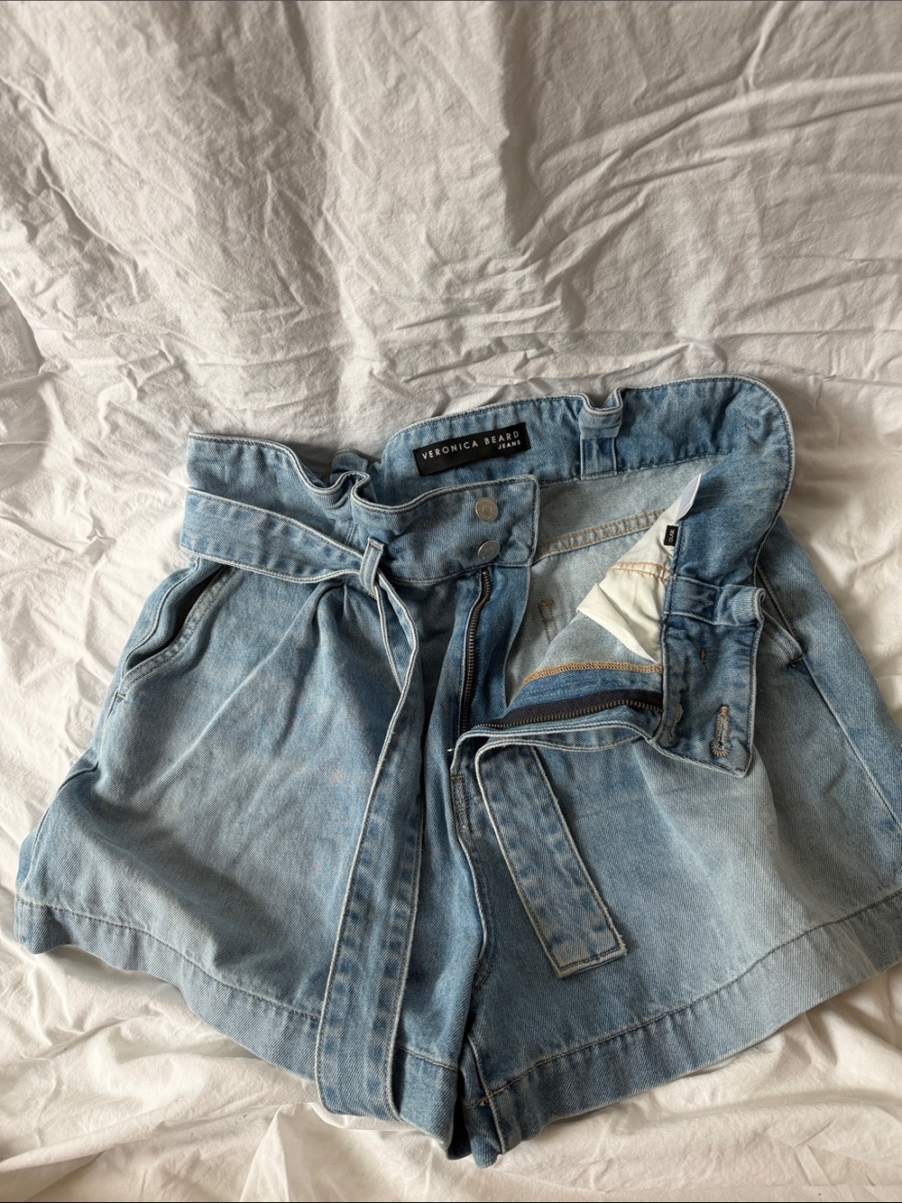 Veronica Beard Light Blue Denim Paperbag Waist Shorts